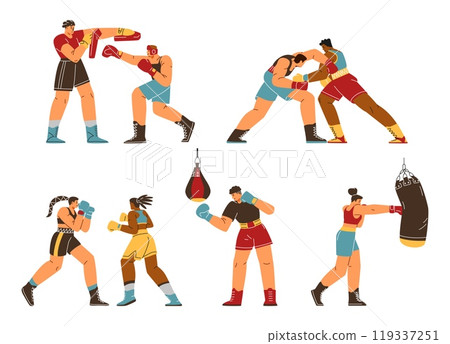 Boxers fighting, training and exercising vector set, professional sportsmen in sportswear hitting punching bag wrestling 119337251