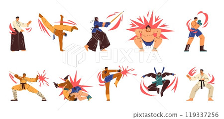 Vector illustration set showcasing martial arts from ninjutsu to taekwondo on a white background Vector illustration set showcasing martial arts from ninjutsu to taekwondo on a white background 119337256