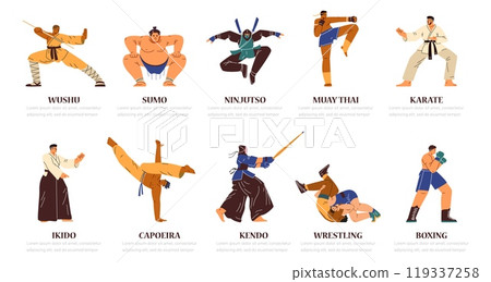 A vector collection of martial arts vectors, including wushu, sumo, karate and more A vector collection of martial arts vectors, including wushu, sumo, karate and more 119337258