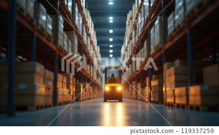 A large warehouse filled with rows of shelves stacked with cardboard boxes, illuminated by overhead lights. The image reflects organized storage and logistics. 119337259