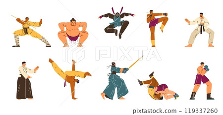Asian martial arts Kendo, Ikido, Ninjutsu, Muay Thai, Sumo fighters Karate boxing Capoeira combat sport vector set Asian martial arts Kendo, Ikido, Ninjutsu, Muay Thai, Sumo fighters Karate boxing Capoeira combat sport vector set 119337260