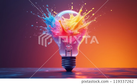 A lightbulb bursts open, releasing a vibrant explosion of colorful liquid against a gradient background. The image represents creativity and innovation. A lightbulb bursts open, releasing a vibrant explosion of colorful liquid against a gradient background. The image represents creativity and innovation. 119337262