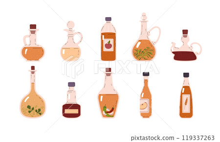 Variety of vinegar in glass bottles vector set. Isolated background. Variety of vinegar in glass bottles vector set. Isolated background. 119337263