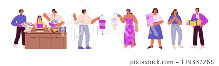 Vector set: cooking mooncake and exchanging gifts on isolated background. 119337268