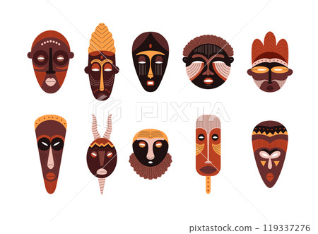 Collection of Tribal Mask Icons of various shapes in flat style. Collection of Tribal Mask Icons of various shapes in flat style. 119337276
