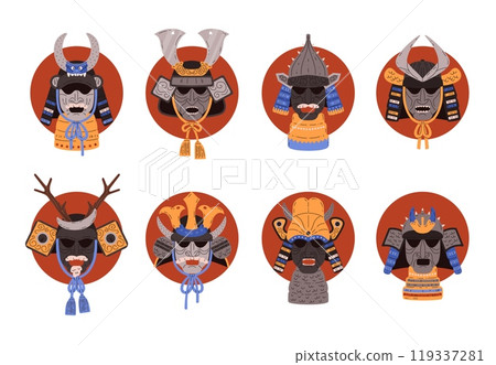 Samurai warrior mask on red circle vector icon set, Japanese decorated mask with horns, oriental armor head helmet 119337281