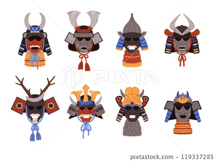 Vector set of colored samurai masks in flat style. 119337285