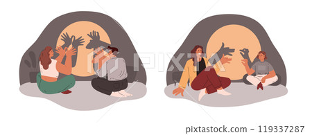 People making shadows with hands, shadow theater, showing animals and bird gaming puppet from palms fingers vector set 119337287