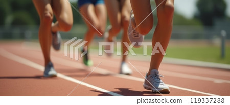 Several athletes in motion at the start of a sprint race on a track, showing competitive energy and focus. The image represents speed, competition, and athleticism. 119337288