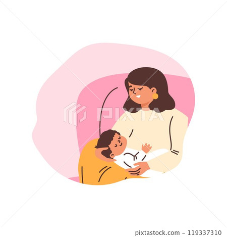 A woman rocks a baby in her arms. A woman rocks a baby in her arms. 119337310