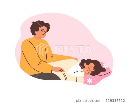 vector graphic shows a mother carefully puts the child to bed demonstrating family love 119337312
