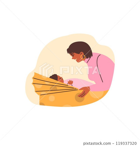 Mother putting baby to sleep in stroller, cradle, cartoon woman is singing a lullaby for newborn baby vector isolated 119337320