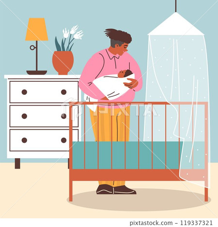 Mother putting infant to sleep in bed, crib in nursery room, vector cartoon woman is singing a lullaby for newborn baby Mother putting infant to sleep in bed, crib in nursery room, vector cartoon woman is singing a lullaby for newborn baby 119337321