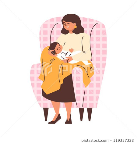 Mother gently rocks her son in her arms, sitting in a chair. 119337328