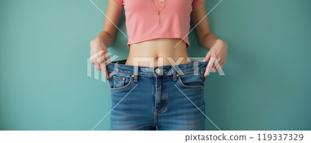 A person is wearing oversized jeans, showing a significant weight loss. The image highlights transformation, health, and personal achievement. 119337329