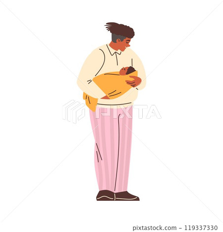 Father gently rocks the baby, holding him in his arms. 119337330