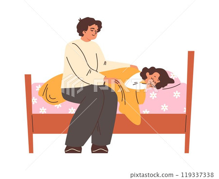 Mother putting daughter to sleep in the bed, vector cartoon woman parent is singing a lullaby for child, kids bedtime Mother putting daughter to sleep in the bed, vector cartoon woman parent is singing a lullaby for child, kids bedtime 119337338