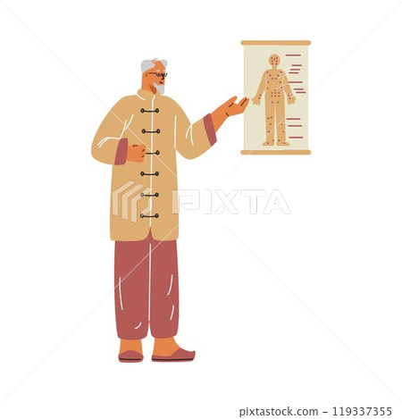 Vector illustration doctor who teaches a lesson on acupuncture at a poster with a human. 119337355