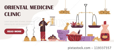 Vector illustration a Chinese doctor showing energy dots on a poster on a human body, 119337357