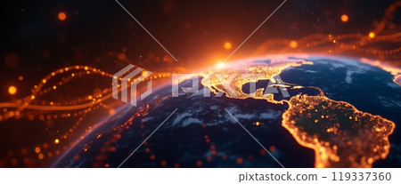 A digital representation of a glowing world map with orange networks connecting various points. The image represents global connectivity and technology. 119337360