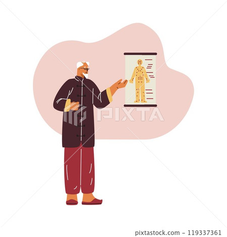 Vector illustration of a Chinese elderly doctor who conducts an acupuncture lesson 119337361