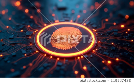 A glowing orange fingerprint icon placed on a high-tech circuit board, symbolizing digital security and biometric technology. The image represents privacy and identity protection. A glowing orange fingerprint icon placed on a high-tech circuit board, symbolizing digital security and biometric technology. The image represents privacy and identity protection. 119337428