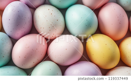 A close-up image of pastel-colored Easter eggs arranged together, showing the smooth texture and soft hues of the eggs. The image highlights tradition, celebration, and springtime. A close-up image of pastel-colored Easter eggs arranged together, showing the smooth texture and soft hues of the eggs. The image highlights tradition, celebration, and springtime. 119337449