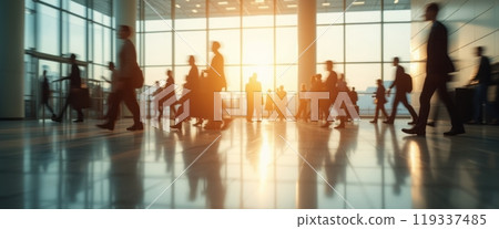 A bustling airport terminal with travelers walking towards their destinations, bathed in warm sunlight streaming through large windows. The scene reflects travel, movement, and anticipation. 119337485