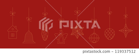 Christmas, New Year vintage toy, ball, bell for Christmas tree. Simple golden line flat vector elements on red background. 119337512