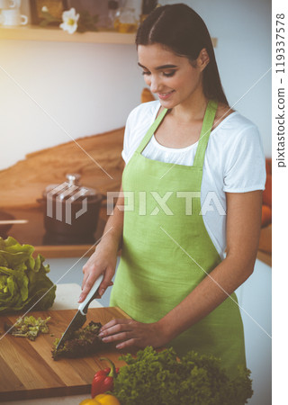 An attractive young dark-haired woman preparing delicious fresh vegetarian salad while standing and smiling in sunny kitchen. Cooking and householding concepts 119337578