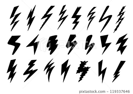 Lightning bolt silhouette. Black electric shock and energy power signs, thunderbolt arrow and flash hand drawn sketch retro style. Vector isolated set 119337646