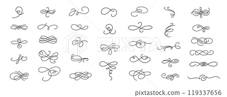 Line flourish swirl. Elegant decorative filigree flourishes script cursive swirls, ornamental flourish corner decorative elements. Vector collection Line flourish swirl. Elegant decorative filigree flourishes script cursive swirls, ornamental flourish corner decorative elements. Vector collection 119337656