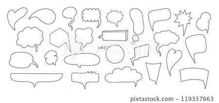 Doodle line text balloon. Speech bubble banners with empty talk, linear comic note design for banner message popup. Vector isolated set Doodle line text balloon. Speech bubble banners with empty talk, linear comic note design for banner message popup. Vector isolated set 119337663