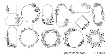 Elegant floral frames. Minimalist botanical decorative borders with wildflowers leaves and branches, elegant floral silhouette stickers. Vector set Elegant floral frames. Minimalist botanical decorative borders with wildflowers leaves and branches, elegant floral silhouette stickers. Vector set 119337681