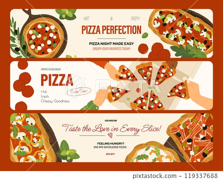 Pizza banners. Flat national italian food ingredients and dishes, national cuisine restaurant menu design with pizza pepperoni tomato. Vector set Pizza banners. Flat national italian food ingredients and dishes, national cuisine restaurant menu design with pizza pepperoni tomato. Vector set 119337688