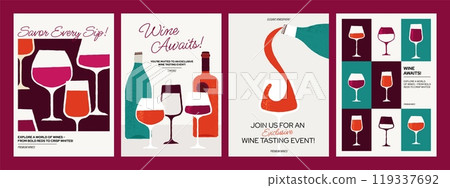 Wine posters. Abstract wine tasting background with bottles glasses and corkscrew, fruits and appetizers wineglass with wine splash. Vector minimalist flyer cover set 119337692