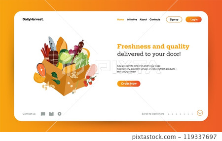 Grocery delivery. Online supermarket fresh food and household products, delivery app interface screen template. Vector mobile layout 119337697