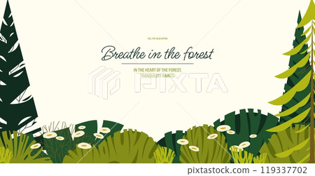 Green forest banner. Horizontal background with trees and bushes, nature ecology leaf plant eco concept. Vector greenery forest panorama illustration 119337702
