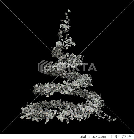 The image shows a 3D spiral resembling a Christmas tree made of numerous realistic banknotes. They rise upwards, creating a vortex effect that gradually disappears against the black background. 119337709