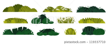 Green bushes. Cartoon spring summer forest foliage plants, decorative floral botanic garden bushes and shrubs. Vector isolated collection 119337710
