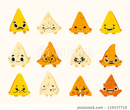 Cartoon nachos characters. Mexican traditional snack with salsa and cheese, funny sports and party characters celebrating holidays. Vector isolated set Cartoon nachos characters. Mexican traditional snack with salsa and cheese, funny sports and party characters celebrating holidays. Vector isolated set 119337718
