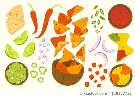Cartoon nachos. Mexican traditional food with cheese sauce and salsa, fast food appetizer with corn chips flat style. Vector isolated set Cartoon nachos. Mexican traditional food with cheese sauce and salsa, fast food appetizer with corn chips flat style. Vector isolated set 119337721