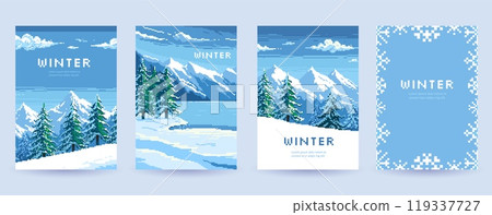 Winter landscape postcards. Holiday cards with snowy nature background with mountains fir trees and snowflakes, banners with snowy scenery and snowflakes. Vector set Winter landscape postcards. Holiday cards with snowy nature background with mountains fir trees and snowflakes, banners with snowy scenery and snowflakes. Vector set 119337727