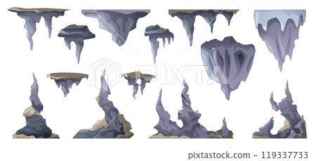 Cartoon stalactite. Geology underground formation of limestone rocks, volcanic cavern with stalagmites and stalactites flat style. Vector isolated set 119337733