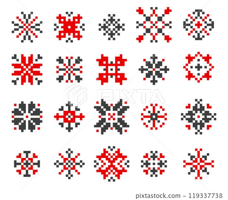 Ukrainian ornamental stars. Traditional red white black decorative cross-stitch elements, country folk embroidery emblem logo design. Vector isolated set 119337738