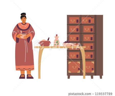 Asian doctor with medical supplies for oriental medicine making, vector medicinal herbs, handle mill, mixture in a jug 119337789