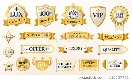 Elegant glossy labels. Vintage golden stickers with premium quality and best choice badges for product rating. Vector certificate and sticker set 119337791