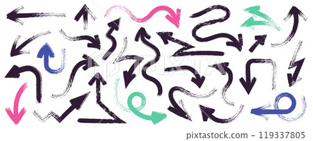 Hand drawn bold arrows. Doodle curve line pointers, rough motion direction signs sketch, vintage pencil scribble motion pointers. Vector isolated set 119337805