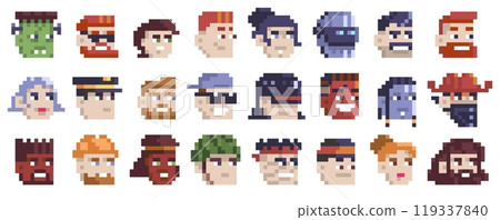Game 8-bit avatar. Retro pixelated male and female characters avatars, old school 2d video game characters. Vector cartoon game faces set Game 8-bit avatar. Retro pixelated male and female characters avatars, old school 2d video game characters. Vector cartoon game faces set 119337840