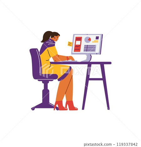 Vector illustration of a Indian woman in a traditional sorry at a computer with graphs Vector illustration of a Indian woman in a traditional sorry at a computer with graphs 119337842
